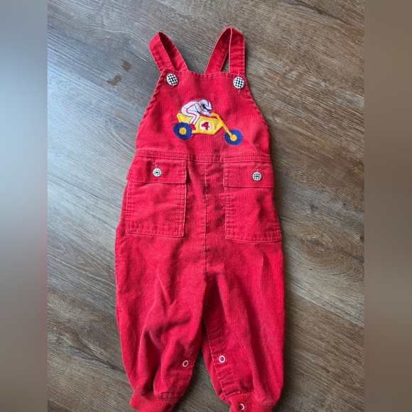Other - Vintage 80s Healthtex Red Motorcycle Patch Corduroy Baby Overalls Boys Size 2T